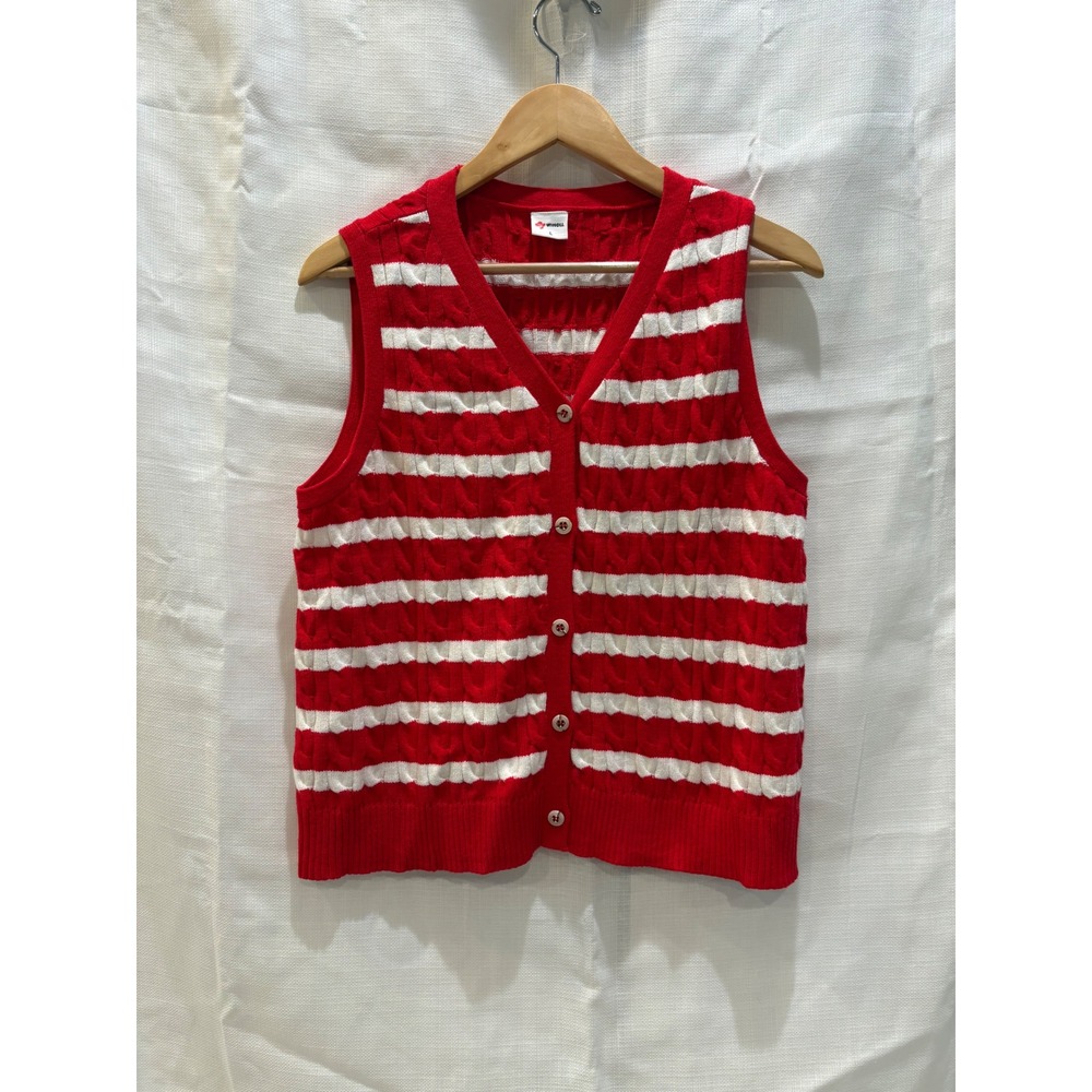 WIHOLL Red White Striped Cable Knit Button Front Sweater Vest V-Neck Large